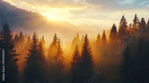 A mystical sunrise over a misty forest with golden rays of light filtering through the trees.