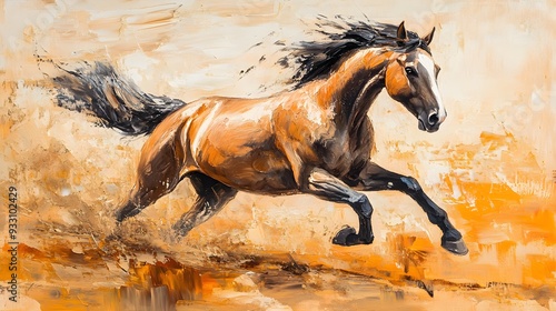 A wild horse sprinting through the plains, oil painting with bold, sweeping strokes, capturing the energy and spirit, vibrant earth tones. photo