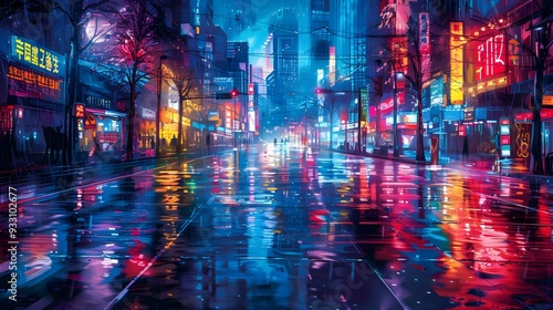 A city street illuminated by neon lights, with reflections in the rain-soaked pavement, captured in a vivid watercolor style that merges realism with impressionistic brushstrokes