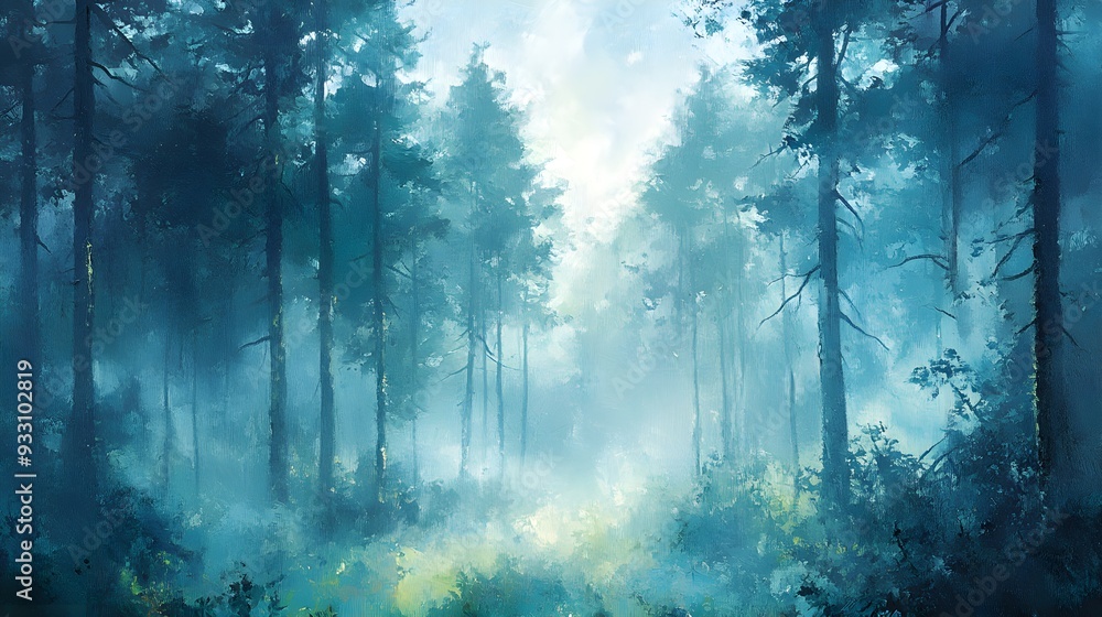 Mysterious forest, towering trees in mist, deep greens and blues, oil painting style, hand brush strokes creating depth and intrigue Mysterious forest, towering trees in mist, deep greens and blues, oil painting style, hand brush strokes creating depth and intrigue