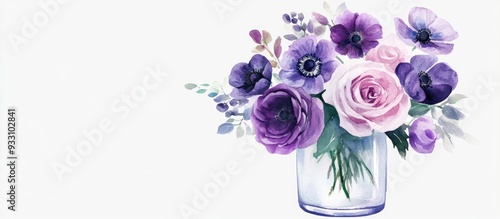 Geometric floral frame featuring purple roses and anemones in a glass vase against a white background Hand drawn watercolor artwork