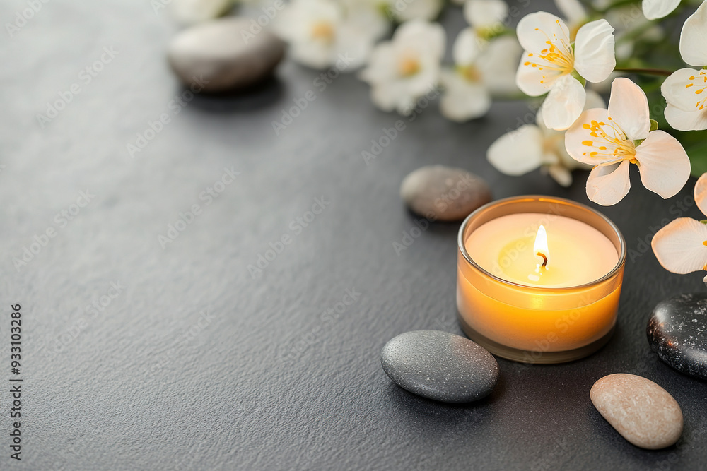 Zen Candle Arrangement with Flowers and Stones for Relaxation Zen Candle Arrangement with Flowers and Stones for Relaxation