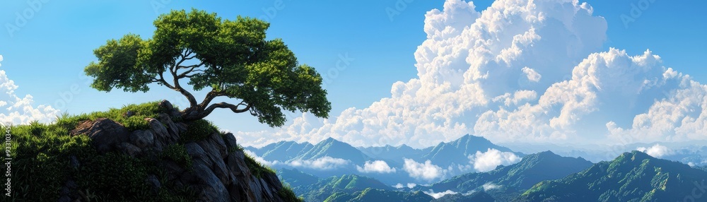 Lone tree stands on a cliff overlooking a stunning view of mountains and clouds under a clear blue sky. The image showcases nature's beauty and solitude in a serene environment. Lone tree stands on a cliff overlooking a stunning view of mountains and clouds under a clear blue sky. The image showcases nature's beauty and solitude in a serene environment.
