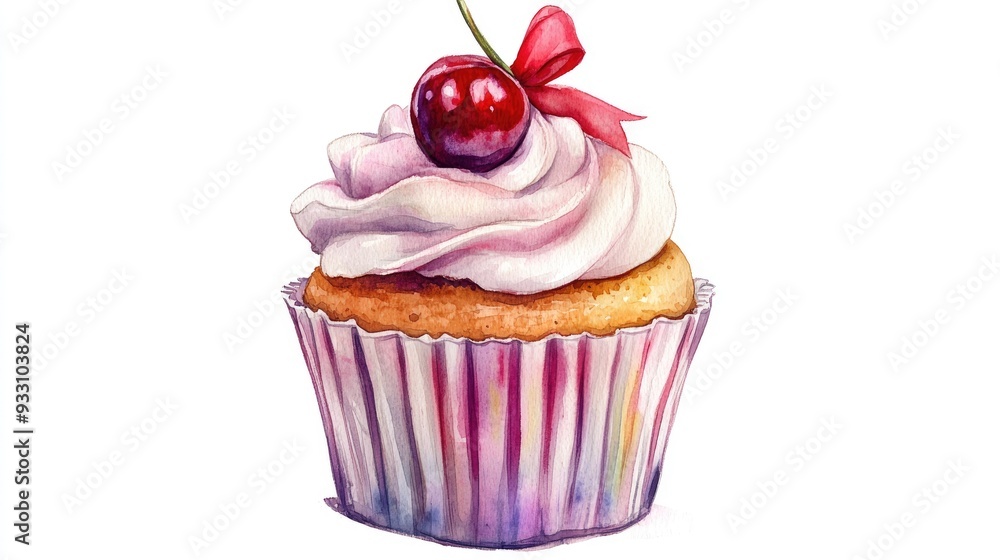 Hand painted watercolor cupcake topped with a cherry and adorned with a red bow set against a white background Hand painted watercolor cupcake topped with a cherry and adorned with a red bow set against a white background