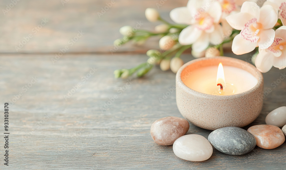 Zen Candle Arrangement with Flowers and Stones for Relaxation Zen Candle Arrangement with Flowers and Stones for Relaxation