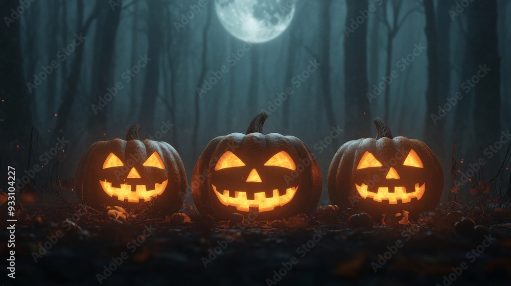 Haunting Halloween Night in 3D: Spooky Forest with Glowing Pumpkins & Full Moon on Clean & Grunge Background. Ideal for Web Banners & Flyers with Text Space. Haunting Halloween Night in 3D: Spooky Forest with Glowing Pumpkins & Full Moon on Clean & Grunge Background. Ideal for Web Banners & Flyers with Text Space.