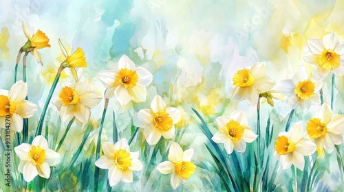 Fototapeta Naklejka Na Ścianę i Meble -  Hand painted watercolor artwork of blooming daffodils Vibrant background suitable for fabric textiles wallpapers gift wrapping and scrapbooking Ideal design for children