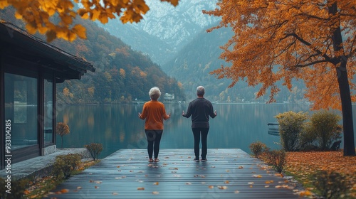 senior couple doing outdoor yogtai chi pilates by the lake in the autumn elderly husband,wife spending active vacation in the mountains pensioners stretching after outdoor workout.jpg