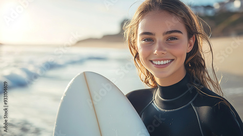 Portrait of a beautiful young european woman in a black wetsuit holding a white surfboard on a beach, smiling at the camera, with an ocean waves and beautiful day with the sun shinning bright photo