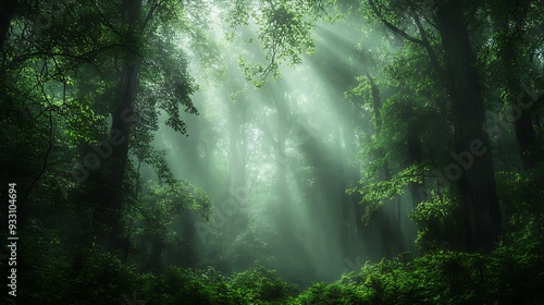 Sunbeams Through Misty Forest