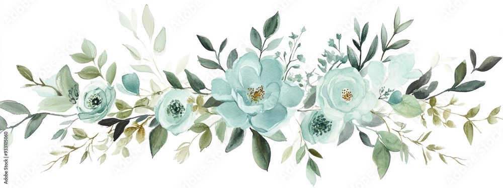 Obraz premium Pale Aqua and Laurel Green Floral Arrangement in Watercolor on a White Background
