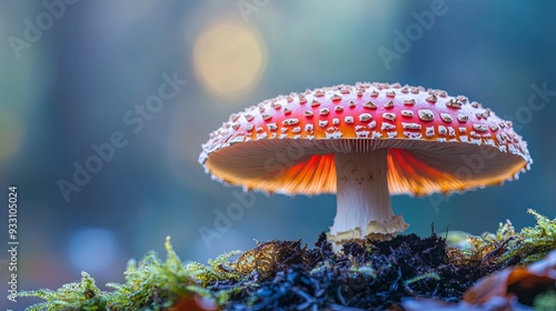 A red and white mushroom is sitting on a patch of moss