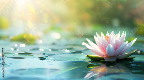  pink water lily floating on a pond with green leaves