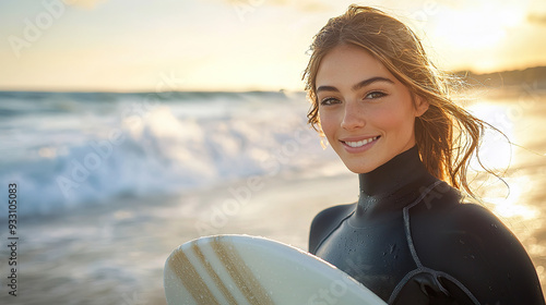 Portrait of a beautiful young european woman in a black wetsuit holding a white surfboard on a beach, smiling at the camera, with an ocean waves and beautiful day with the sun shinning bright