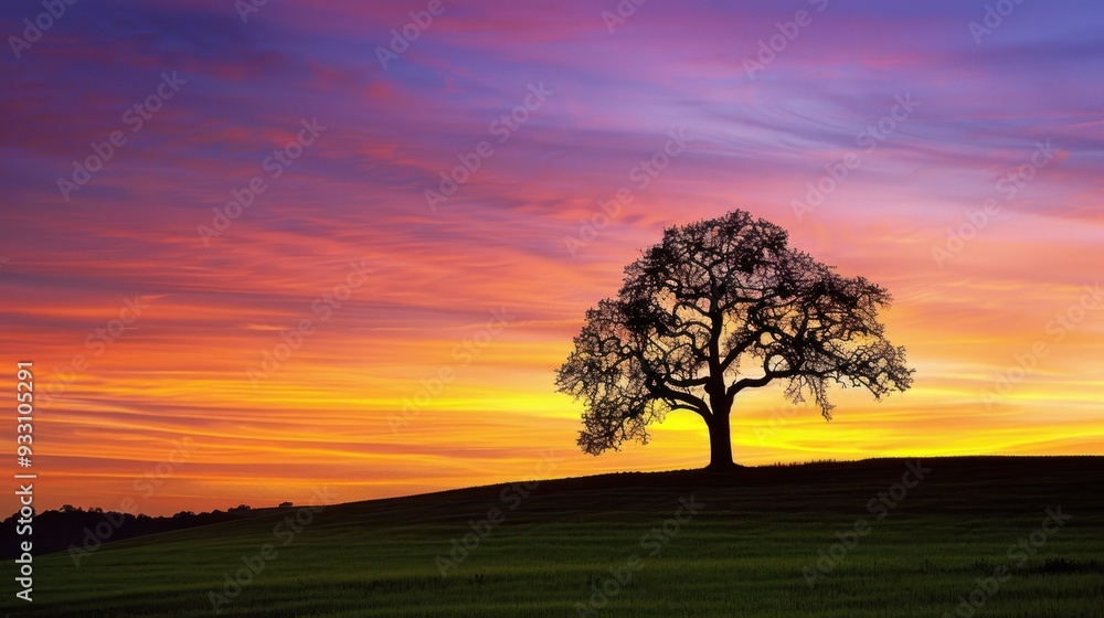 Fototapeta premium Silhouette of a Tree Against a Vibrant Sunset Sky