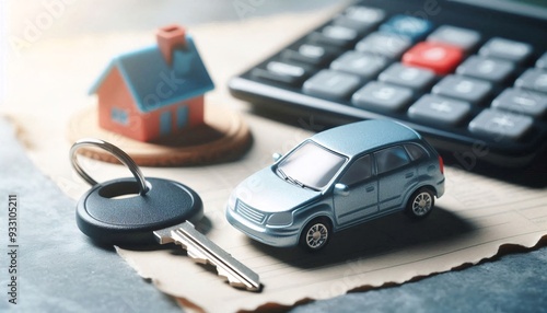 A miniature model of a car with a key beside it, symbolizing the concept of purchasing of car on emi or finance.