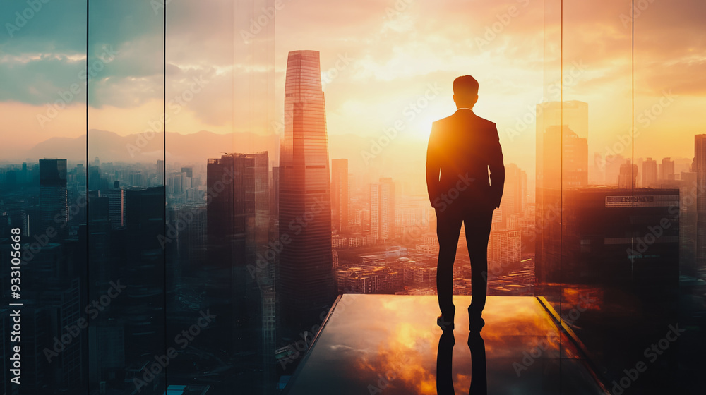 Abstract business man stands on the peak of success amid tall, innovative Smart city and graphs with statistics to analyze business potential and predict future developments in company growth. Abstract business man stands on the peak of success amid tall, innovative Smart city and graphs with statistics to analyze business potential and predict future developments in company growth.