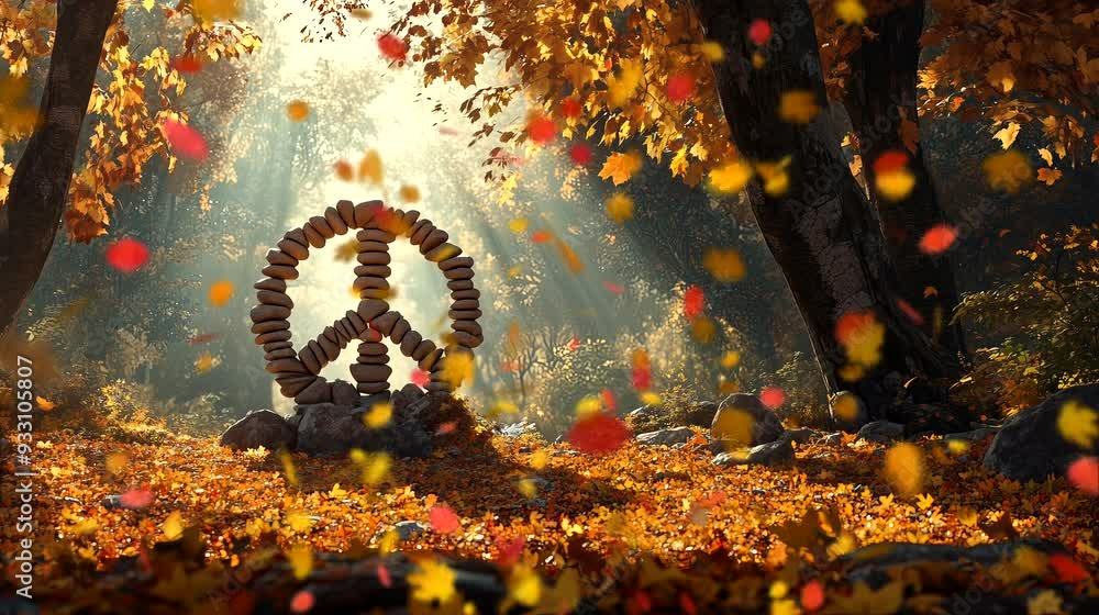 An autumn forest and a peace sign made of stacked stones. Autumn concept, anime illustration style, looping 4k video animation background An autumn forest and a peace sign made of stacked stones. Autumn concept, anime illustration style, looping 4k video animation background