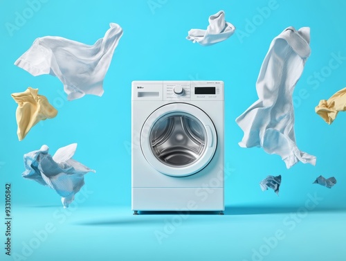 Dynamic laundry scene  washing machine with clothes suspended in midair on blue background photo