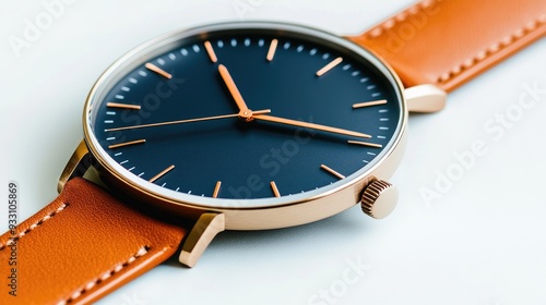 Wallpaper Mural Elegant steel watch showcasing rich blue tones with a luxurious brown leather strap, captured in exquisite detail Torontodigital.ca