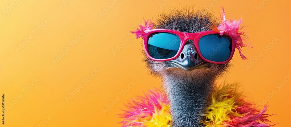 Ostrich in Sunglasses with a Scarf. Emu bird,vibrant bright fashionable outfits isolated on yellow background. Creative animal concept. Copy Space. Close-up. AI generated image Ostrich in Sunglasses with a Scarf. Emu bird,vibrant bright fashionable outfits isolated on yellow background. Creative animal concept. Copy Space. Close-up. AI generated image