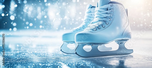 Two ice skates on a frozen lake photo