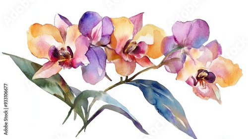 Fototapeta Naklejka Na Ścianę i Meble -  Orchid botanical flower with wild spring leaves isolated Watercolor illustration set with floral background Fashion watercolor drawing featuring an isolated design Square border frame ornament