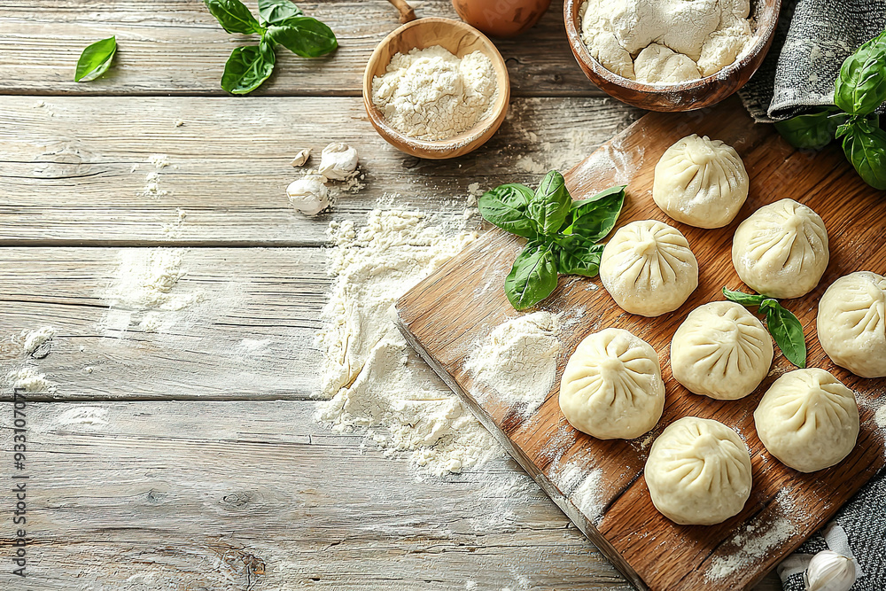 Raw dumplings and dough on wooden board on light wooden background, copy space for text Raw dumplings and dough on wooden board on light wooden background, copy space for text