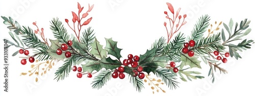 Hand painted watercolor illustration of a Christmas wreath