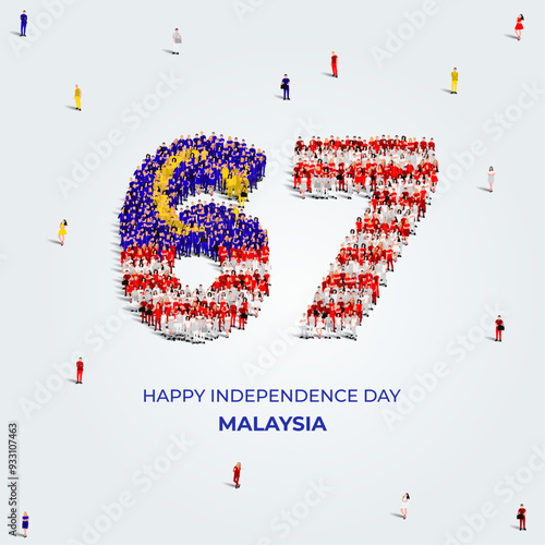 August 31 Happy Independence Day Malaysia Design. A large group of people form to create the number 67 as Malaysia celebrates its 67th Independence Day on the 31st of August.