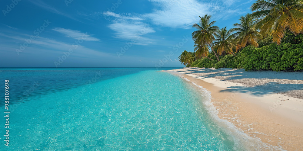 Fototapeta premium Tropical Beach with White Sand, Turquoise Water, and Palm Trees