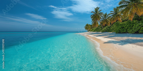 Tropical Beach with White Sand, Turquoise Water, and Palm Trees