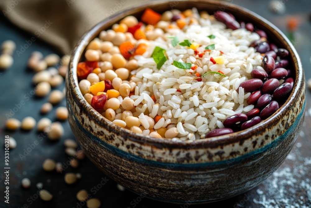 Bowl of mixed beans and rice garnished with herbs close-up view Bowl of mixed beans and rice garnished with herbs close-up view