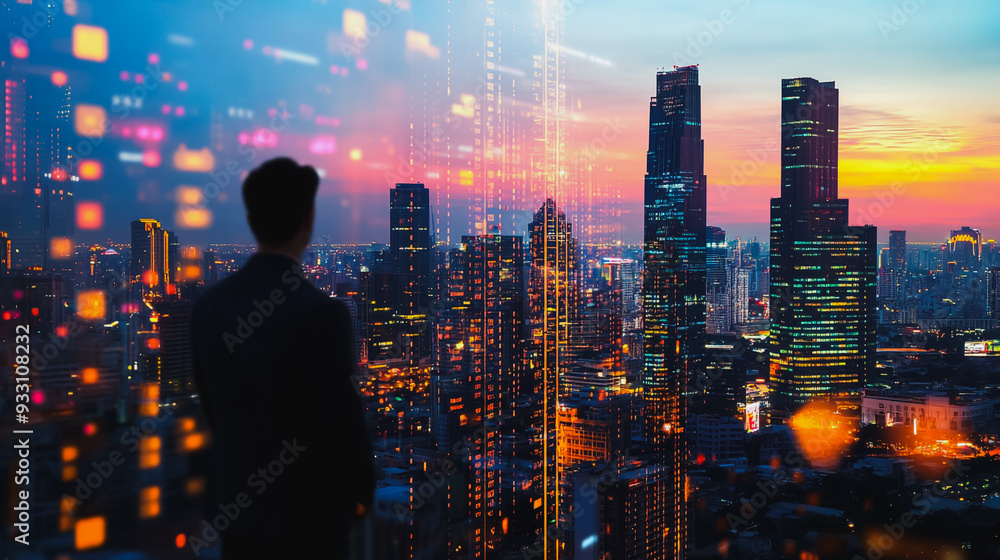 Abstract business man stands on the peak of success amid tall, innovative Smart city and graphs with statistics to analyze business potential and predict future developments in company growth. Abstract business man stands on the peak of success amid tall, innovative Smart city and graphs with statistics to analyze business potential and predict future developments in company growth.