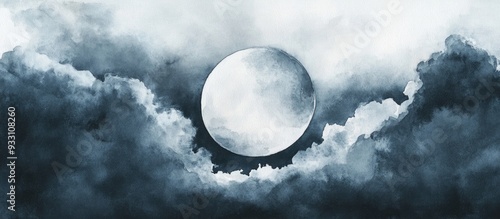 Moody watercolor depicting a moon amidst a cloudy sky with a soft focus and artistic flair