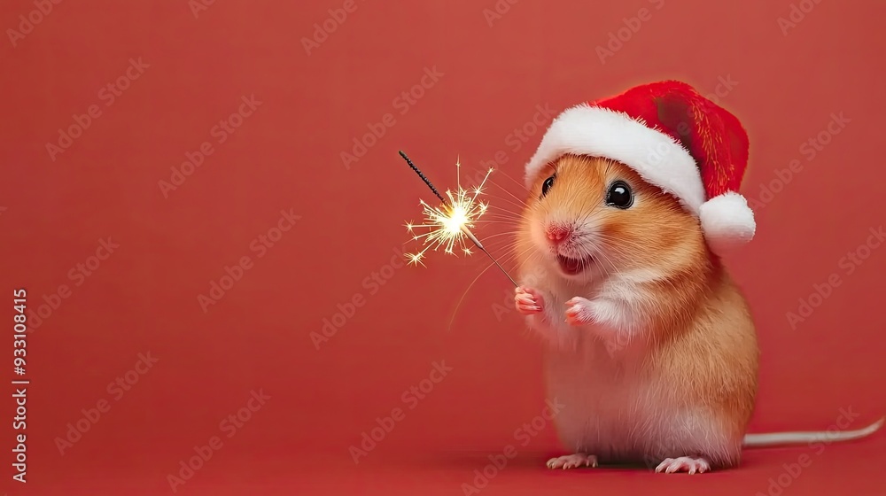 A joyful hamster in a Santa hat celebrates with a sparkler against a festive red background A joyful hamster in a Santa hat celebrates with a sparkler against a festive red background