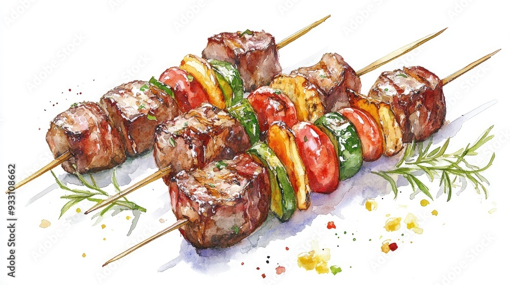 Grilled meat skewers and vegetables illustrated in watercolor isolated on a white background Ideal for menus cookbooks and culinary settings Grilled meat skewers and vegetables illustrated in watercolor isolated on a white background Ideal for menus cookbooks and culinary settings