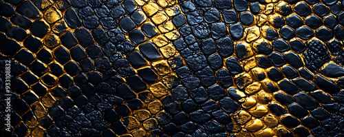 A detailed closeup of snake skin, showcasing a textured surface with a striking combination of dark black and golden scales photo