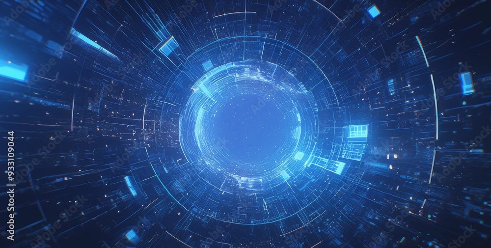 Fototapeta premium Abstract Digital Tunnel with Dotted Lighting Design in Blue and Black: A Technologically Inspired Visual Journey