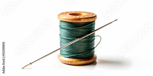 3d Flat icon as Needle and thread symbolizing sewing and repair with ample space for text. concept as A needle and a thread representing the fundamentals of sewing and repair with blank space for writ photo