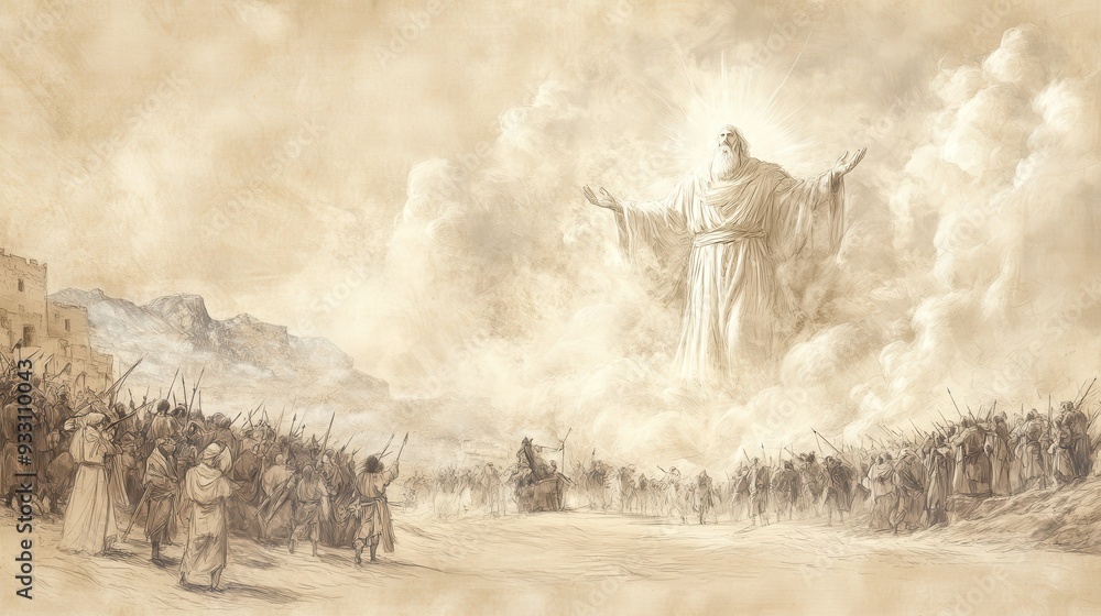 Obraz premium Biblical Illustration of God Leading His People into Battle, a Towering Figure in the Clouds Guiding Them to Victory in Psalms 60