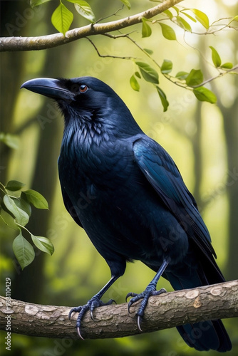 Black Crow Perched on a Tree Branch