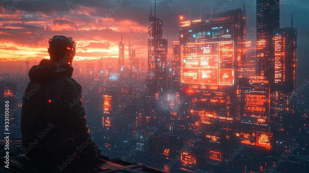 A man stands on a rooftop looking out over a cityscape with neon lights A man stands on a rooftop looking out over a cityscape with neon lights