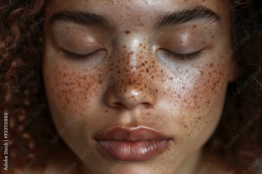 Fototapeta premium Macro close up of freckles on multiracial woman with eyes closed, altered by ai for enhanced effect