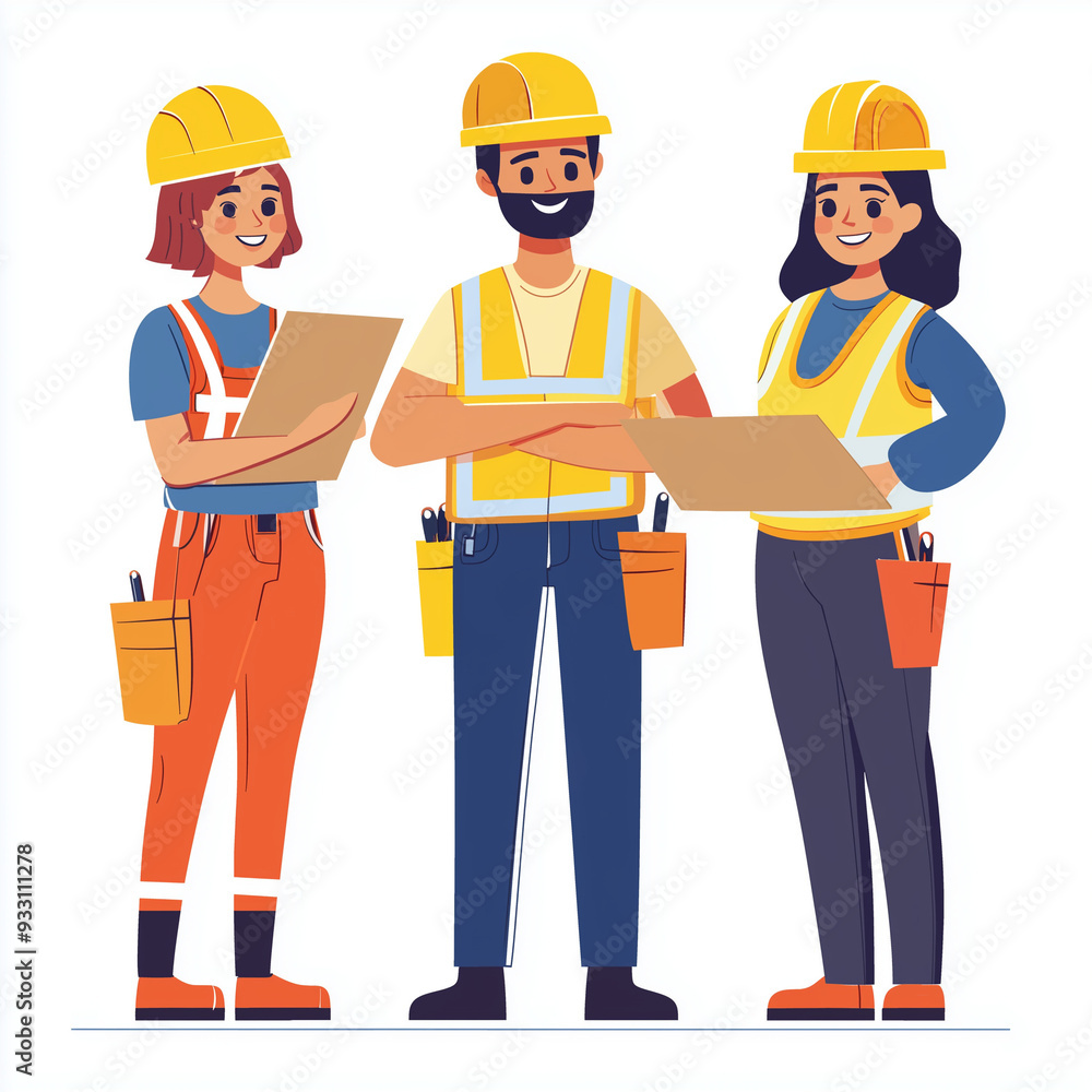 group of happy young student construction worker in safety gear, An illustration composed of simple minimalist aspects. The background is white group of happy young student construction worker in safety gear, An illustration composed of simple minimalist aspects. The background is white