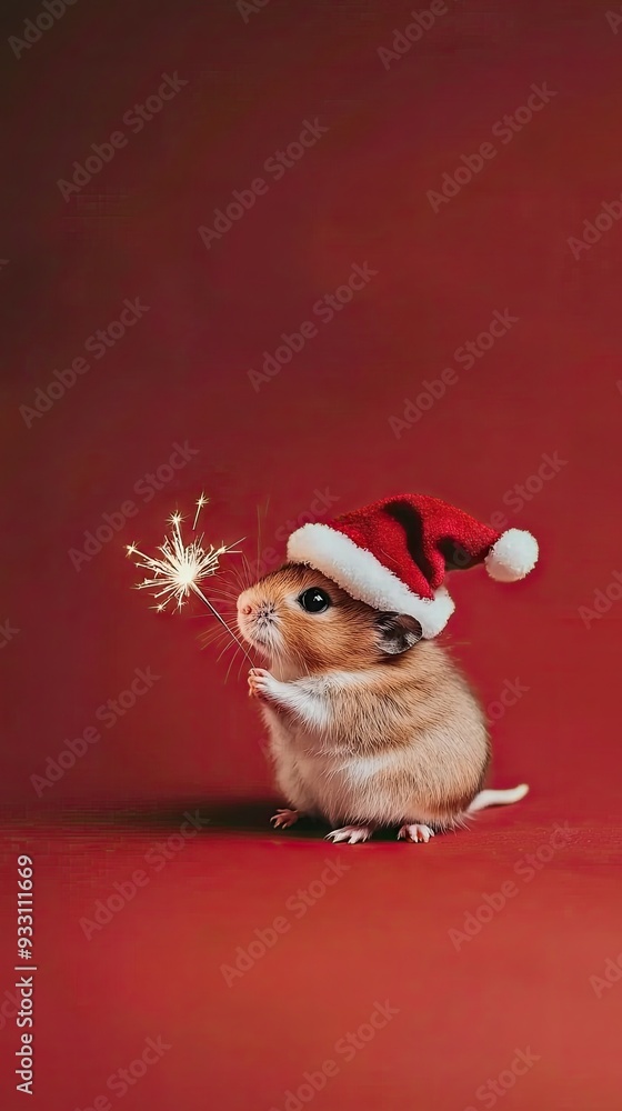 A cheerful hamster dressed in a Christmas hat, holding a sparkler, glowing against a festive red background while celebrating the holiday season A cheerful hamster dressed in a Christmas hat, holding a sparkler, glowing against a festive red background while celebrating the holiday season