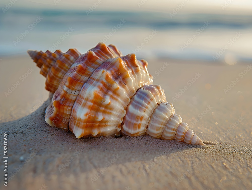 A close-up of a colorful seashell resting on a sandy beach at sunrise A close-up of a colorful seashell resting on a sandy beach at sunrise