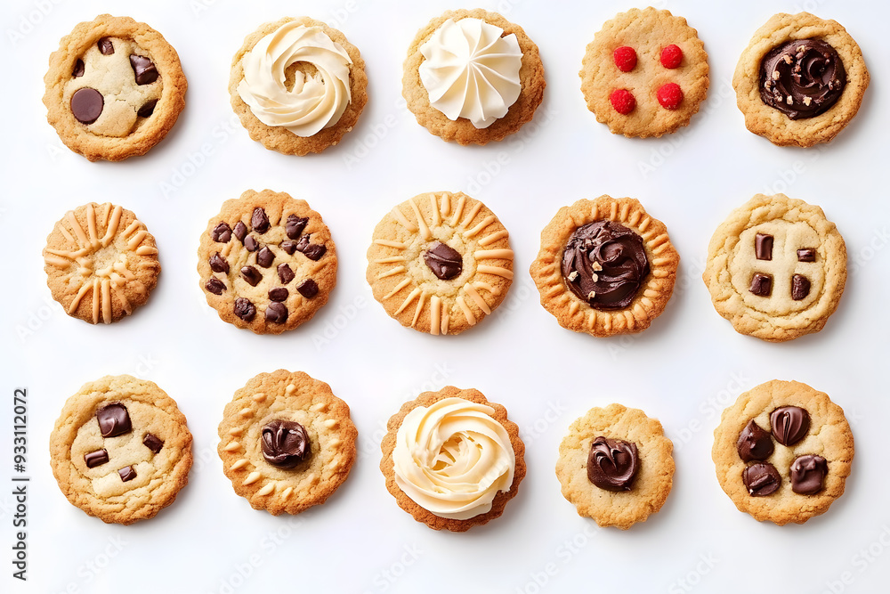 Collection of round cookie cookies biscuit, classic and nut set top view isolated on white background. Collection of round cookie cookies biscuit, classic and nut set top view isolated on white background.
