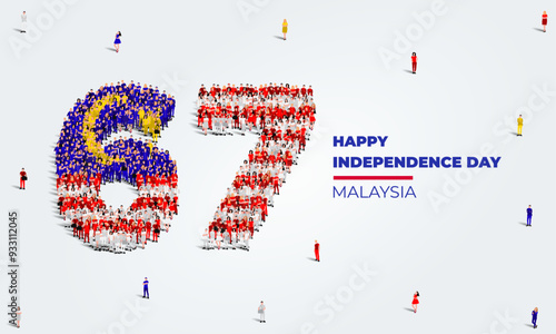 August 31 Happy Independence Day Malaysia Design. A large group of people form to create the number 67 as Malaysia celebrates its 67th Independence Day on the 31st of August.