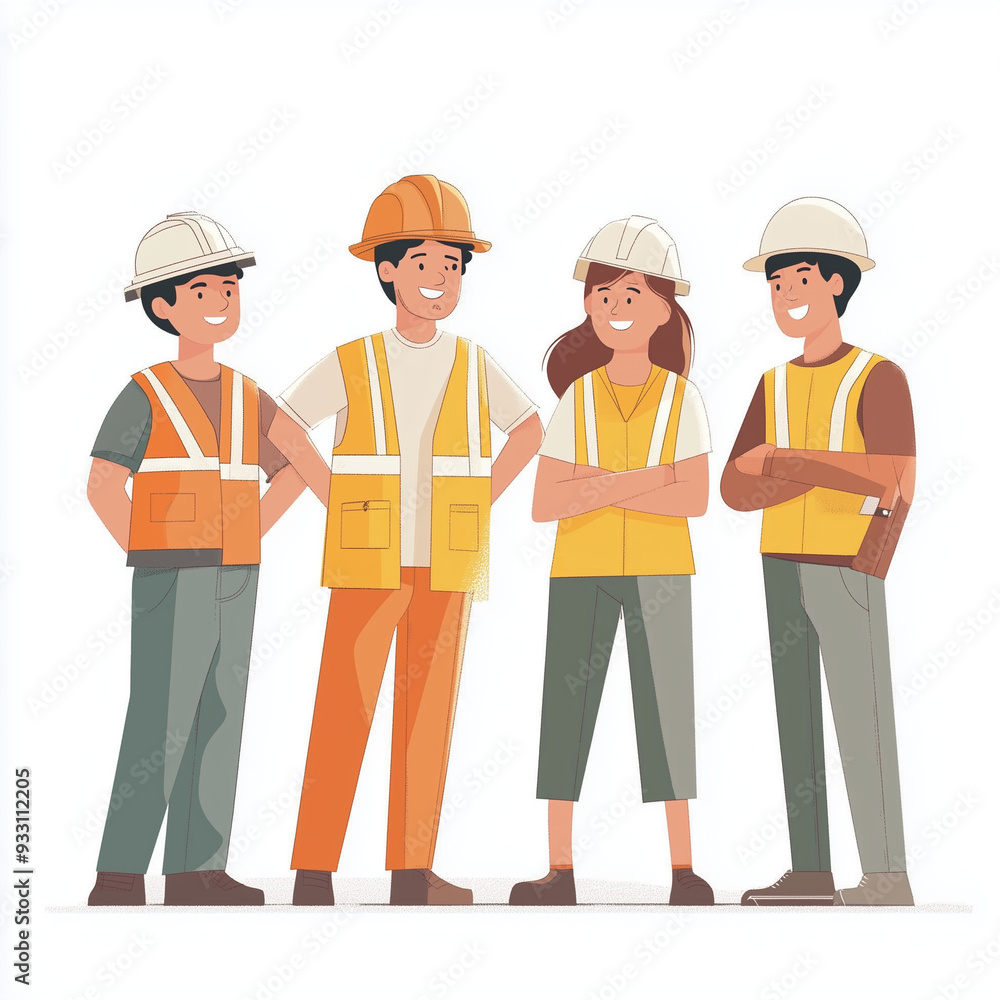 group of happy young student construction worker in safety gear, An illustration composed of simple minimalist aspects. The background is white group of happy young student construction worker in safety gear, An illustration composed of simple minimalist aspects. The background is white